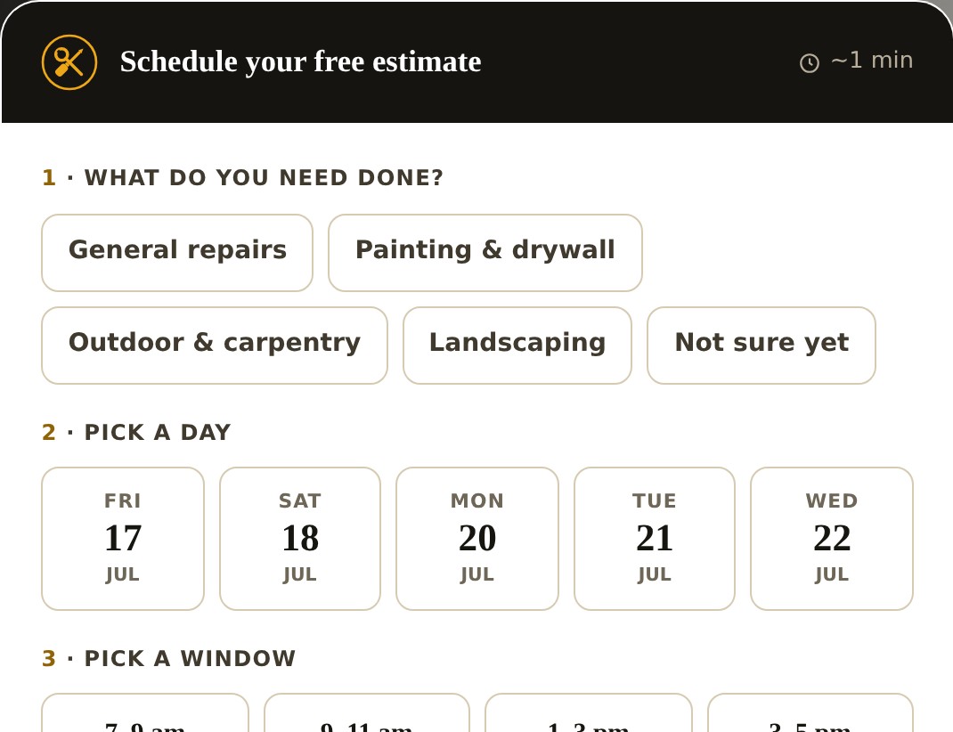 Online booking: pick a service, a day, and a time window
