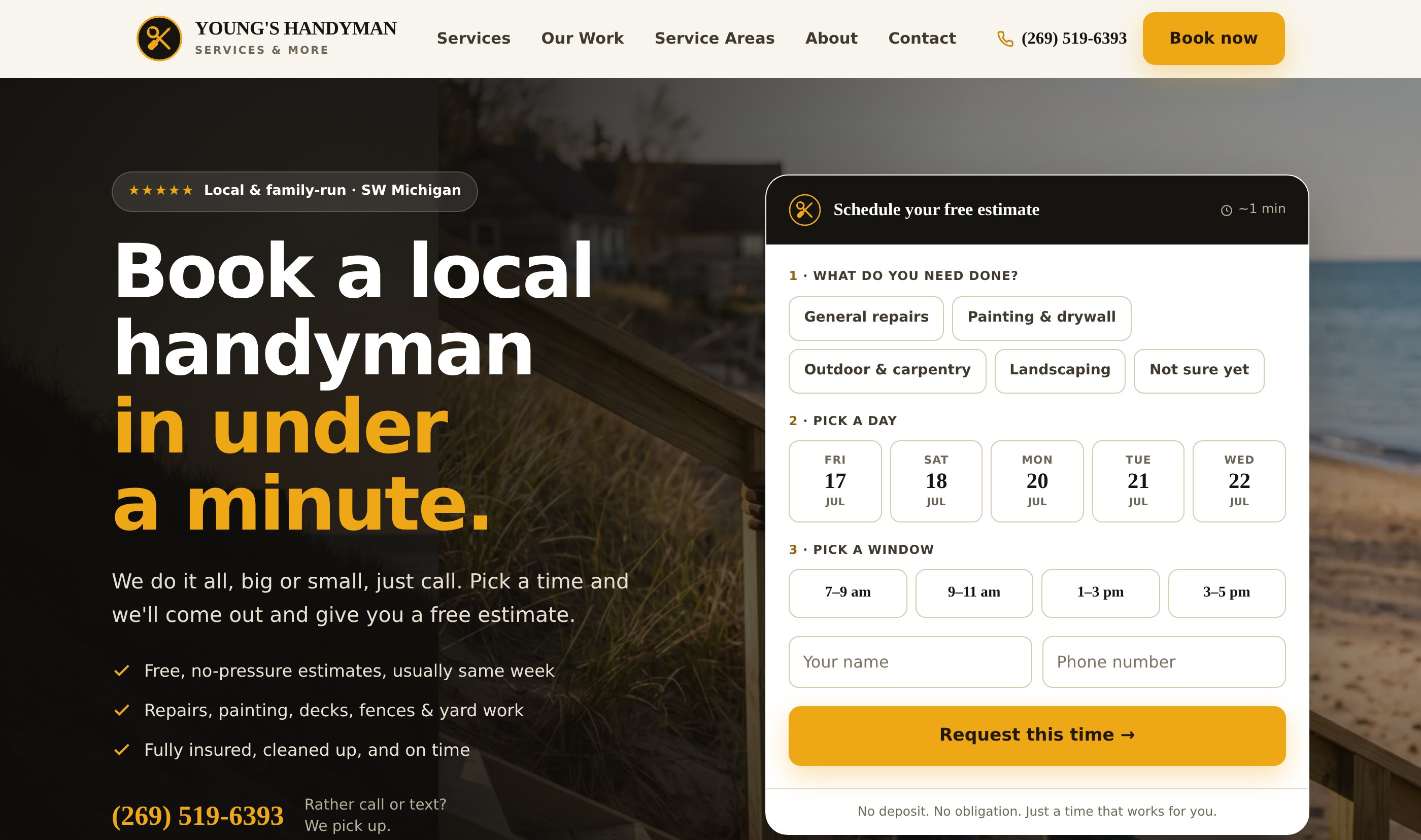 Young's Handyman website shown in a browser window